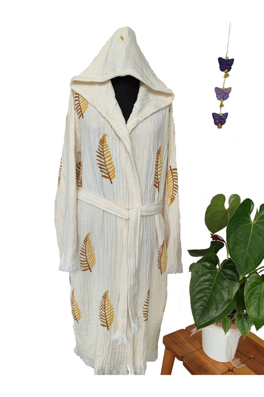 Basic Layers Turkish Cotton Bathrobe for Men and Women – Hooded Soft Robe for Bath, Beach, Pool_Leaf Design