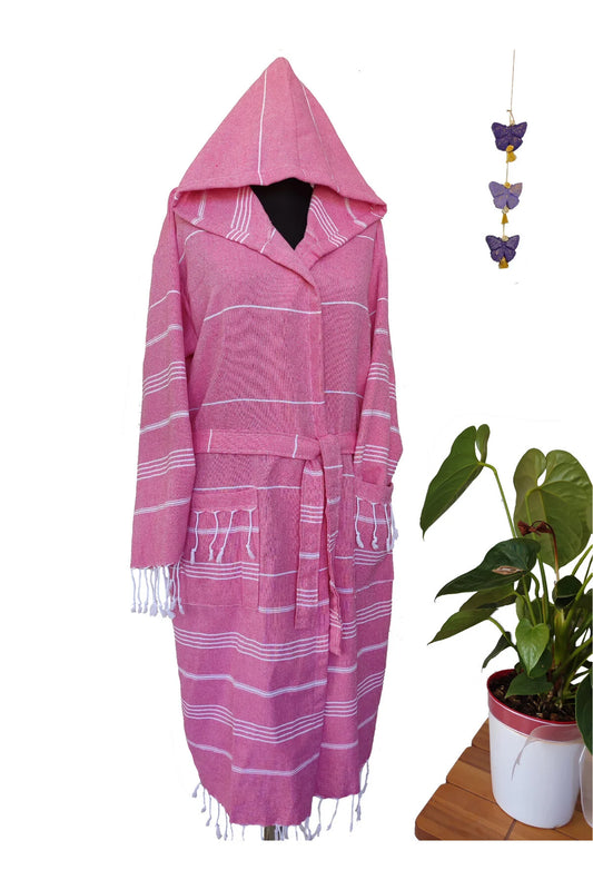 Basic Layers Turkish Cotton Bathrobe for Men and Women – Hooded Soft Robe for Bath, Beach, Pool_Pink