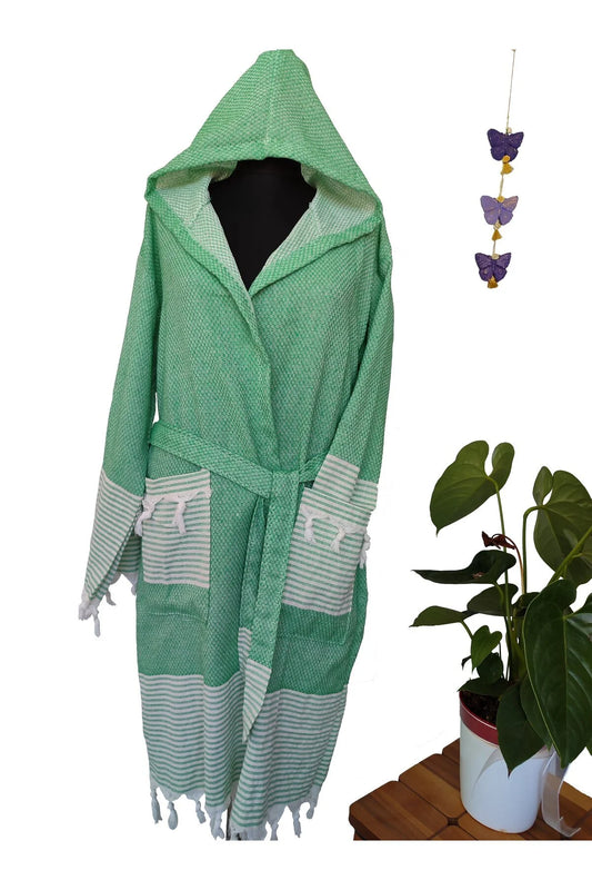 Basic Layers Turkish Cotton Bathrobe for Men and Women – Hooded Soft Robe for Bath, Beach, Pool_Green